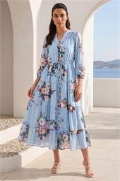 Floral Print Button Tiered Midi Dress