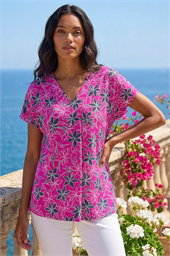Floral Print Pleat Front Stretch Top