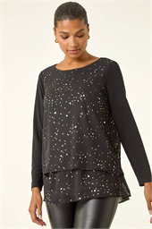 Foil Print Chiffon Overlay Tunic Top