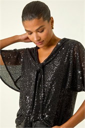 Sequin Tie Neck Stretch Top