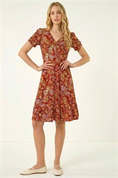 Floral Print Button Stretch Tea Dress 
