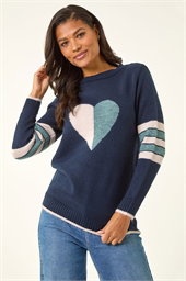 Heart Print Stripe Sleeve Jumper
