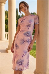 Petite Print Ruched Mesh Midi Dress
