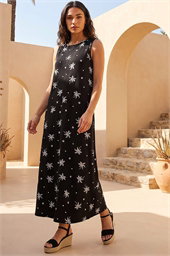 Cotton Palm Print Pocket Midi Dress 