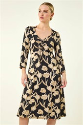 Petite Floral Gathered Stretch Midi Dress
