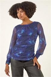 Printed Stud Mesh Stretch Top