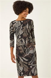 Abstract Print Ruched Midi Stretch Dress