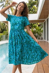 Leaf Print Smock Midi Dress