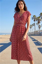 Geo Print V-Neck Stretch Midi Dress