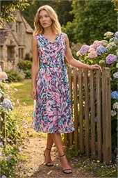 Abstract Print Chiffon Cowl Neck Dress