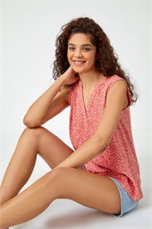 Sleeveless V-Neck Ditsy Floral Print Top