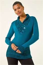 V-Neck Overlap Button Detail Longline Jumper