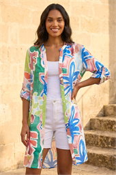 Abstract Print Button Up Longline Blouse