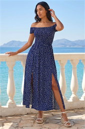Polka Dot Bardot Shirred Maxi Dress