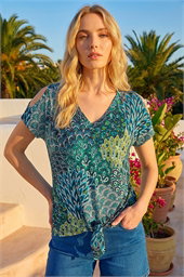 Abstract Print Tie Front V-Neck Top