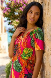 Tropical Print Notch Neck Stretch Top