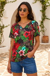 Textured Floral Print V-Neck Top