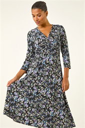 Floral Twisted Front Stretch Midi Dress