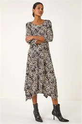 Printed Hanky Hem Stretch Midi Dress