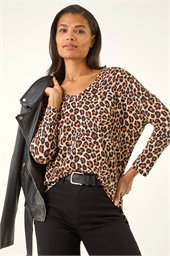 Animal Print V-Neck Tunic Stretch Top