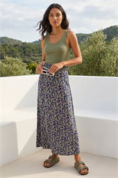 Leaf Print Stretch Midi Skirt