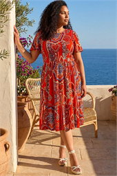 Curve Print Shirred Midi Dress