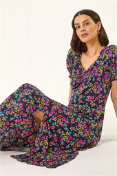 Floral Print Ruched Stretch Midi Dress