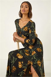 Floral Print Ruched Stretch Midi Dress