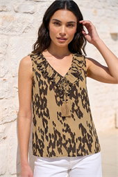 Abstract Print Frill Tie Front Top