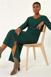 Wave Textured V-Neck Stretch Midi Dress