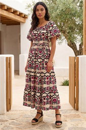 Abstract Border Print Midi Dress
