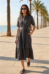 Button Detail Tiered Midi Dress