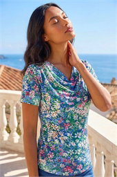 Floral Print Cowl Neck Stretch Top
