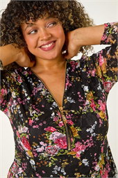 Curve Floral Print V-Neck Zip Front Top