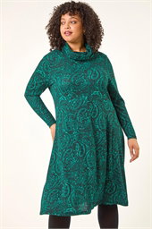 Curve Paisley Cowl Neck Stretch Dress