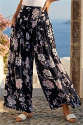 Floral Elastic Waist Wide Leg Palazzo Trousers