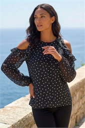 Spot Print Frill Cold Shoulder Top