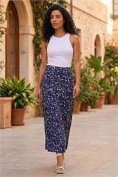Floral Print Elastic Waist Midi Stretch Skirt