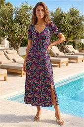 Floral Print Ruched Stretch Midi Dress