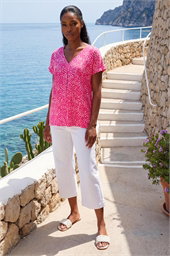Spot Print V-Neck Pleat Front Top