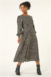 Petite Print Shirred Midi Dress
