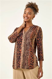 Abstract Print V-Neck Stretch Top