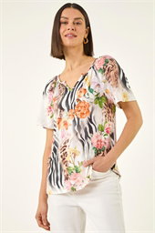 Animal Floral Notch Neck Top