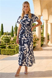 Floral Print Side Tie Crepe Dress