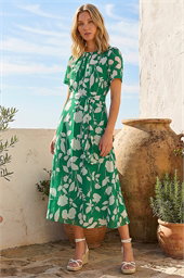 Flower Print Pleat Neck Midi Dress