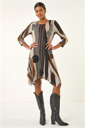 Geo Print Hanky Hem Stretch Dress
