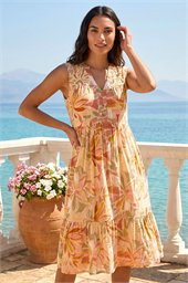 Leaf Print Lace Detail Smock Dress