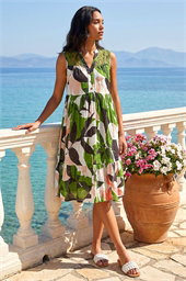 Leaf Print Tiered Smock Midi Dress