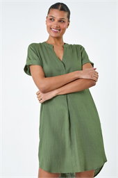 Front Pleat Curved Hem Shift Dress
