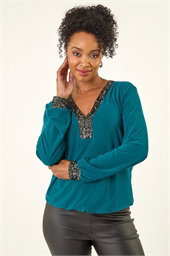 Petite Sequin Trim Blouson Top